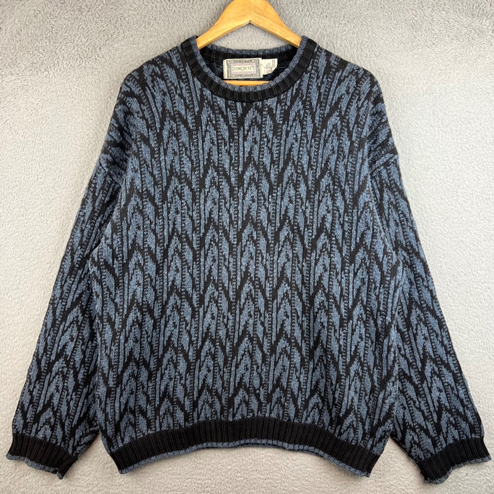 Concrete Mix Vintage Mens Large Blue Black Geometric Knit Crewneck Sweater 90s